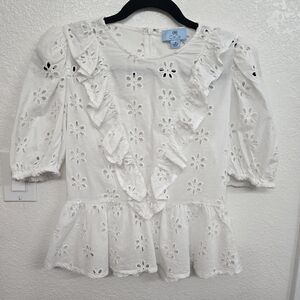 CeCe Women White Lace Short Puff Sleeve Xs  Slim Fit Zip Ruffle Round Neckline